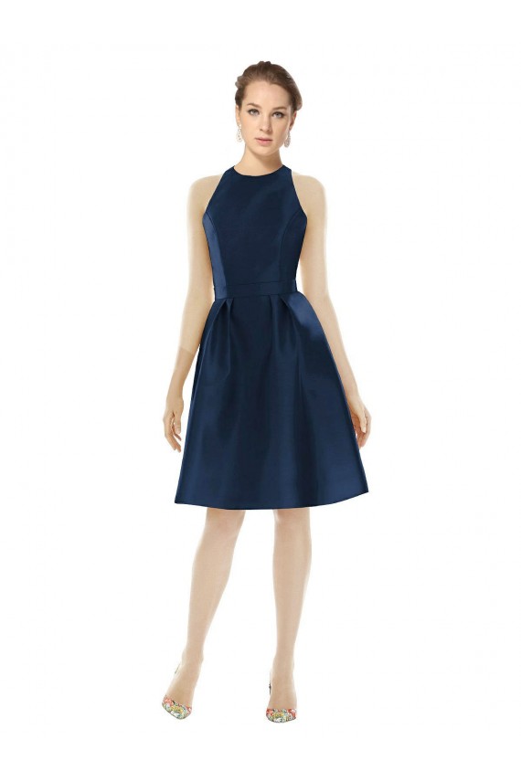 Sleeveless Halter Neck Satin Dark Navy Cocktail Length Bridesmaid Dress Bath