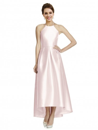 Sleeveless Halter Neck Satin Pink Long High Low Bridesmaid Dress Bath