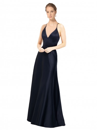 Sleeveless V-Neck Satin Dark Navy Long Prom Dress / Bridal Party Dress Bath