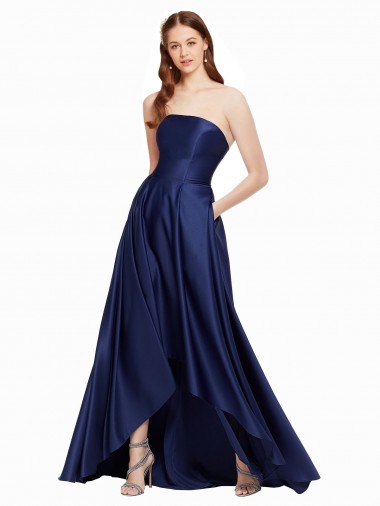 Sleeveless Strapless Satin Dark Navy Long High Low Evening Gown / Prom Dress / Bridesmaid Dress Bath