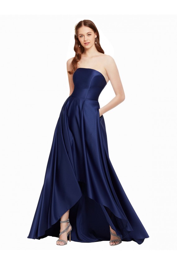 Sleeveless Strapless Satin Dark Navy Long High Low Evening Gown / Prom Dress / Bridesmaid Dress Bath