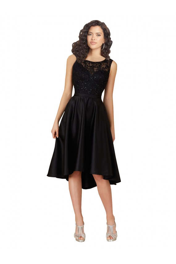 Sleeveless Illusion Neck Satin & Lace Black Midi Length High Low Bridesmaid Dress Bath