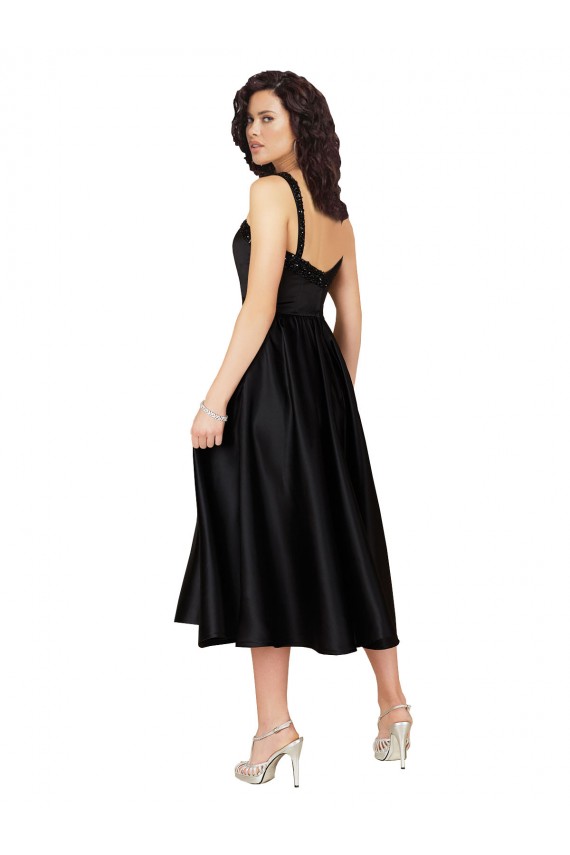 Sleeveless Square Neck Satin Black Knee Length Prom Dress / Bridesmaid Dress Bath