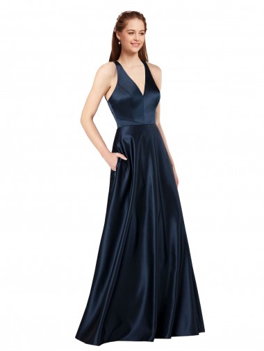 Sleeveless V-Neck Satin Dark Navy Long Formal Evening Gown / Prom Dress / Bridesmaid Dress Bath