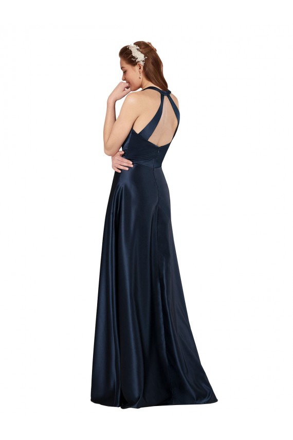 Sleeveless V-Neck Satin Dark Navy Long Formal Evening Gown / Prom Dress / Bridesmaid Dress Bath