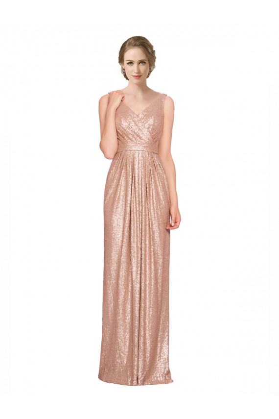 Sleeveless V-Neck Sequin Rose Gold Long Bridesmaid Dress / Evening Dress Bath