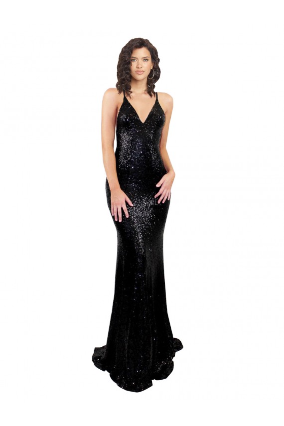 Sleeveless V-Neck Sequin Black Long Black Tie Evening Gown / Prom Dress / Bridesmaid Dress Bath