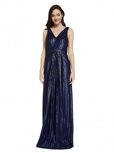 Sleeveless V-Neck Sequin Dark Navy Sheath Long Formal Evening Gown / Prom Dress / Bridesmaid Dress Bath