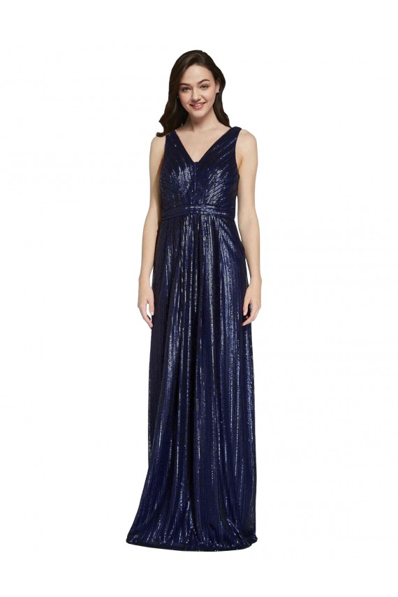 Sleeveless V-Neck Sequin Dark Navy Sheath Long Formal Evening Gown / Prom Dress / Bridesmaid Dress Bath