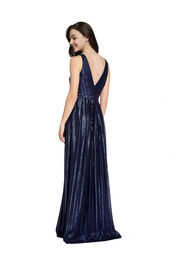 Sleeveless V-Neck Sequin Dark Navy Sheath Long Formal Evening Gown / Prom Dress / Bridesmaid Dress Bath
