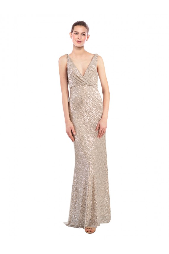 Sleeveless V-Neck Sequin & Sparkling Sequin Silver Long Formal Evening Gown / Prom Dress / Bridesmaid Dress Bath