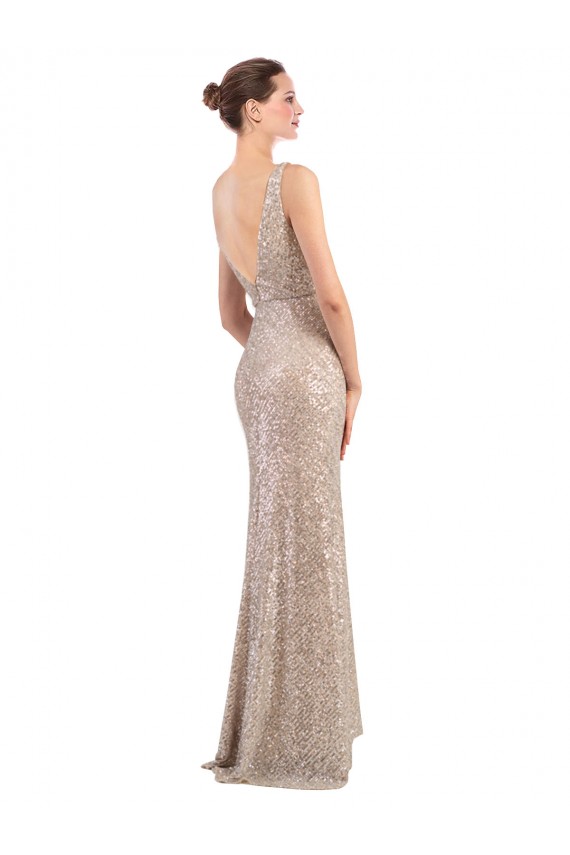 Sleeveless V-Neck Sequin & Sparkling Sequin Silver Long Formal Evening Gown / Prom Dress / Bridesmaid Dress Bath