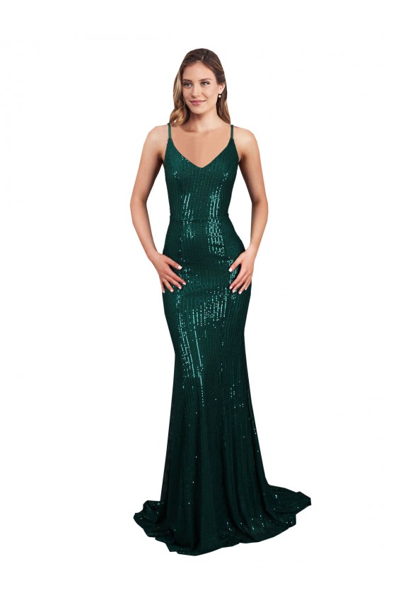 Sleeveless V-Neck Sequin Dark Green Mermaid Long Formal Evening Gown / Prom Dress / Bridesmaid Dress Bath