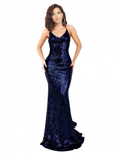 Sleeveless V-Neck Sequin Dark Navy Long Formal Evening Gown / Prom Dress / Bridesmaid Dress Bath