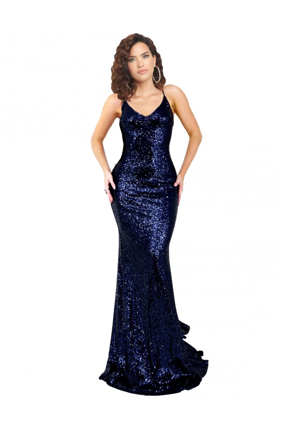 Sleeveless V-Neck Sequin Dark Navy Long Formal Evening Gown / Prom Dress / Bridesmaid Dress Bath