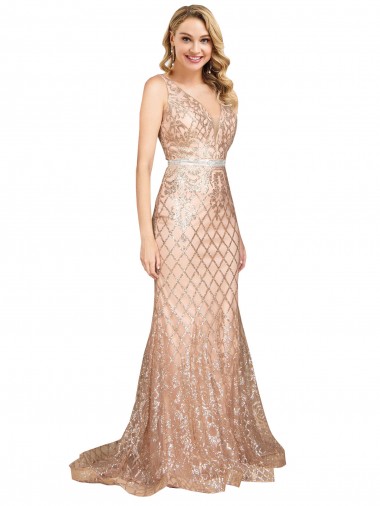 Sleeveless V-Neck Sequin & Sparkling Sequin Rose Gold Long Formal Plus Size Evening Gown / Prom Dress / Bridesmaid Dress Bath