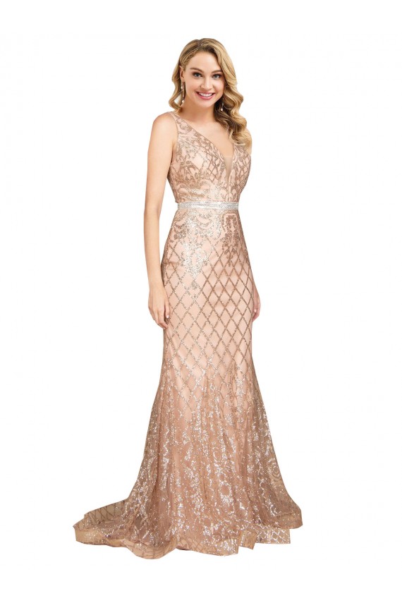 Sleeveless V-Neck Sequin & Sparkling Sequin Rose Gold Long Formal Plus Size Evening Gown / Prom Dress / Bridesmaid Dress Bath