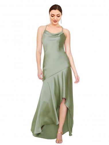 Sleeveless Cowl Neck Silk like Satin Smoke Green Long High Low Evening Gown / Prom Dress / Bridesmaid Dress Bath