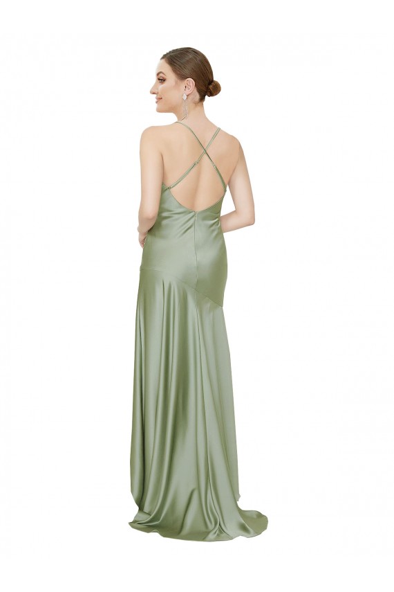 Sleeveless Cowl Neck Silk like Satin Smoke Green Long High Low Evening Gown / Prom Dress / Bridesmaid Dress Bath