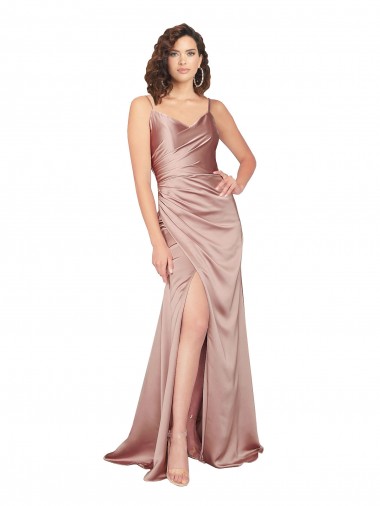 Sleeveless V-Neck Silk like Satin Dusty Pink Long Black Tie Evening Gown / Prom Dress / Bridesmaid Dress Bath