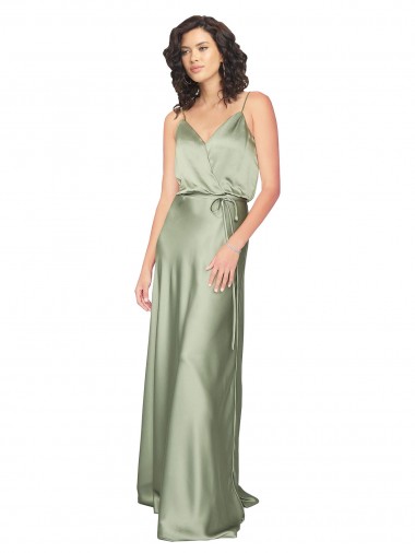 Sleeveless V-Neck Silk like Satin Smoke Green Long Formal Evening Gown / Bridesmaid Dress Bath