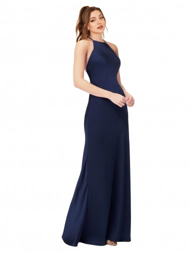 Sleeveless High Neck Silk like Satin Sapphire Sheath Long Formal Evening Gown / Prom Dress / Bridesmaid Dress Bath