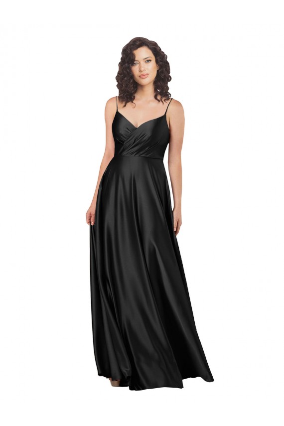 Sleeveless V-Neck Silk like Satin Black Long Formal Dress / Bridesmaid Dress Bath