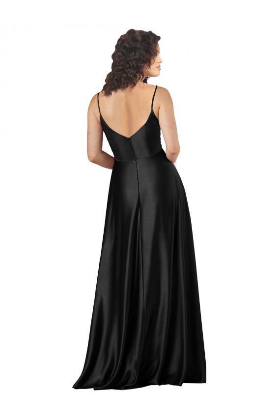 Sleeveless V-Neck Silk like Satin Black Long Formal Dress / Bridesmaid Dress Bath