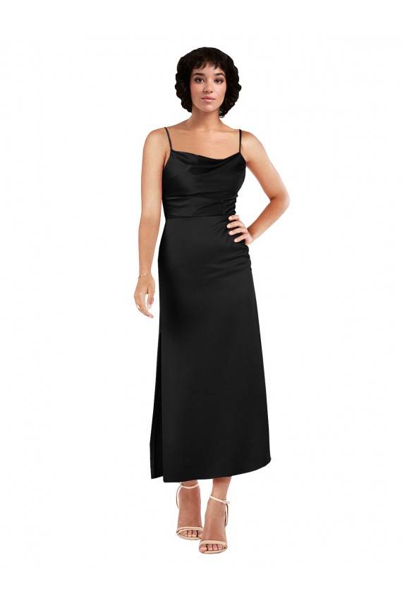 Sleeveless Cowl Neck Silk like Satin Black Tea Length Formal Evening Gown / Prom Dress / Bridesmaid Dress Bath