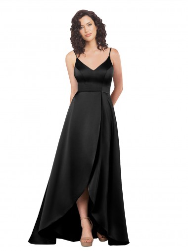 Sleeveless V-Neck Silk like Satin Black Long High Low Evening Gown / Prom Dress / Bridesmaid Dress Bath