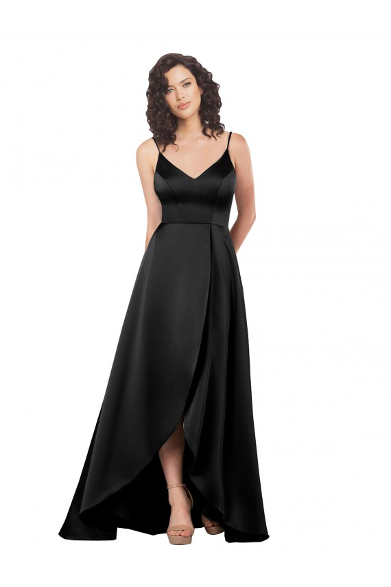 Sleeveless V-Neck Silk like Satin Black Long High Low Evening Gown / Prom Dress / Bridesmaid Dress Bath