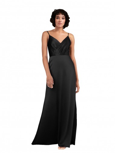 Sleeveless V-Neck Silk like Satin Black Column Long Formal Evening Gown / Prom Dress / Bridesmaid Dress Bath