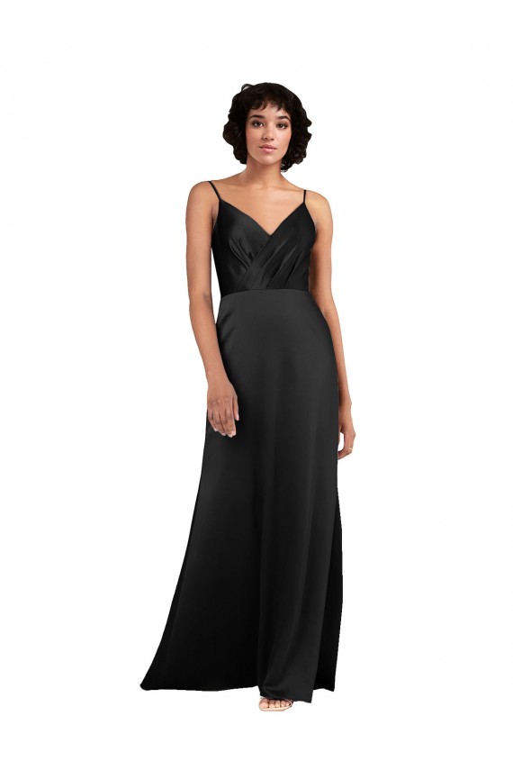 Sleeveless V-Neck Silk like Satin Black Column Long Formal Evening Gown / Prom Dress / Bridesmaid Dress Bath