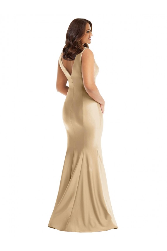 Sleeveless V-Neck Silk like Satin Soft Gold Long Formal Plus Size Evening Gown / Prom Dress / Bridesmaid Dress Bath