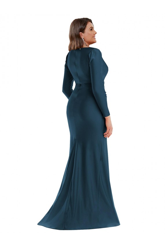 Long Sleeves V-Neck Silk like Satin Atlantic Blue Long Formal Plus Size Evening Gown / Prom Dress / Bridesmaid Dress Bath