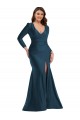Long Sleeves V-Neck Silk like Satin Atlantic Blue Long Formal Plus Size Evening Gown / Prom Dress / Bridesmaid Dress Bath