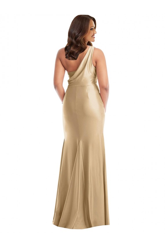 Sleeveless One Shoulder Silk like Satin Soft Gold Long Formal Plus Size Evening Gown / Prom Dress / Bridesmaid Dress Bath