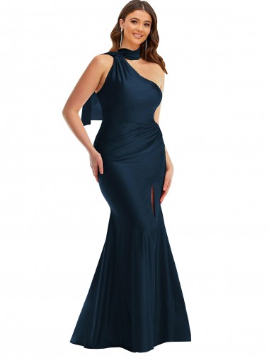 Sleeveless Halter Neck Silk like Satin Dark Navy Long Formal Plus Size Evening Gown / Prom Dress / Bridesmaid Dress Bath