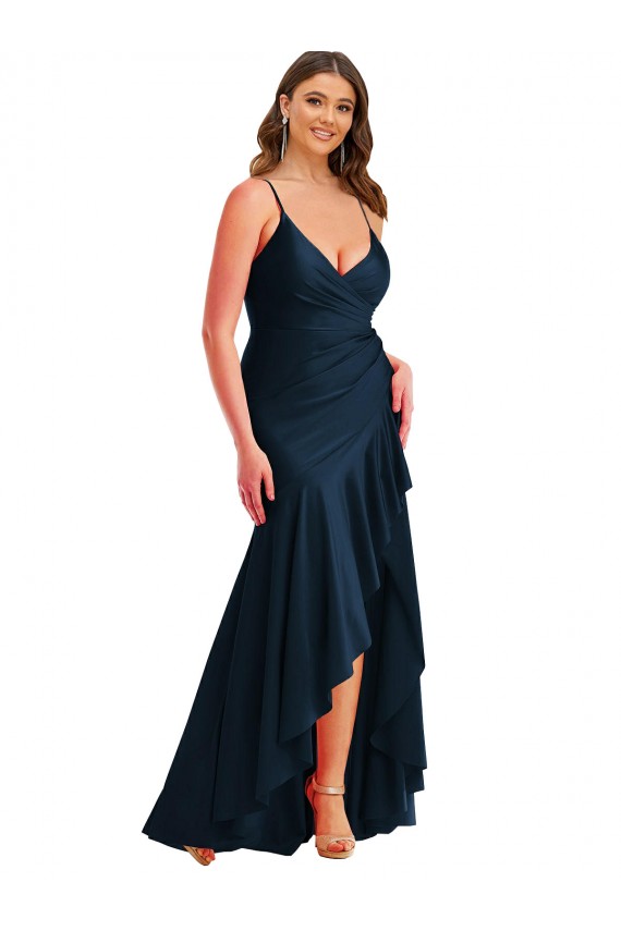 Sleeveless Spaghetti Straps Silk like Satin Dark Navy Long High Low Plus Size Evening Gown / Prom Dress / Bridesmaid Dress Bath
