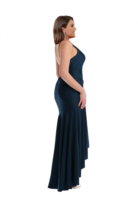 Sleeveless Spaghetti Straps Silk like Satin Dark Navy Long High Low Plus Size Evening Gown / Prom Dress / Bridesmaid Dress Bath