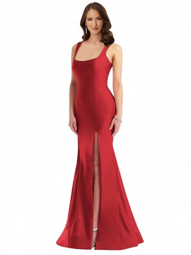 Sleeveless Square Neck Silk like Satin Red Long Formal Plus Size Evening Gown / Prom Dress / Bridesmaid Dress Bath