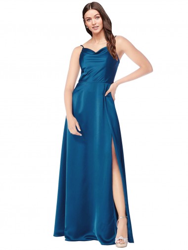 Sleeveless Cowl Neck Silk like Satin Peacock Blue Long Formal Evening Gown / Prom Dress / Bridesmaid Dress Bath
