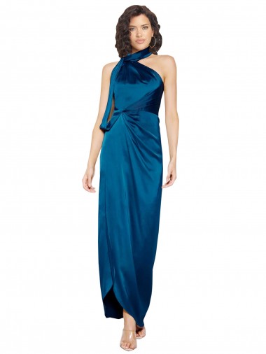 Sleeveless High Neck Silk like Satin Peacock Blue Long Formal Evening Gown / Prom Dress / Bridesmaid Dress Bath