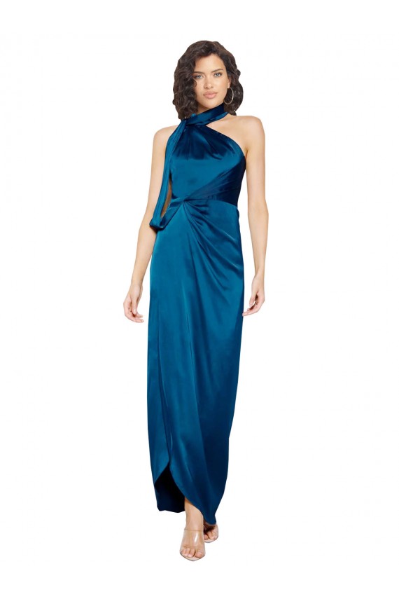 Sleeveless High Neck Silk like Satin Peacock Blue Long Formal Evening Gown / Prom Dress / Bridesmaid Dress Bath