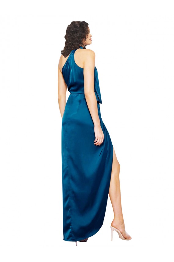Sleeveless High Neck Silk like Satin Peacock Blue Long Formal Evening Gown / Prom Dress / Bridesmaid Dress Bath