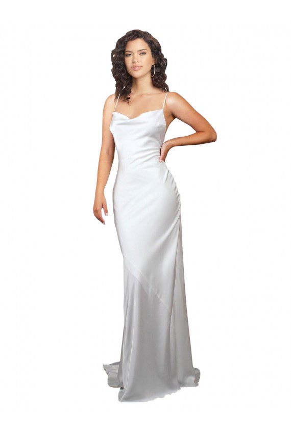 Sleeveless Cowl Neck Silk like Satin White Sweep Train Beach Wedding Dresses Bath