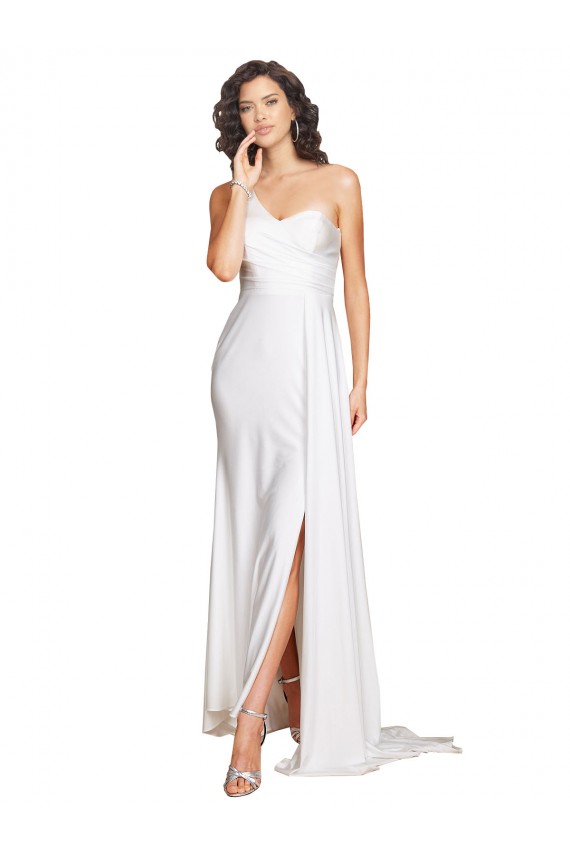Sleeveless One Shoulder Silk like Satin White Long Wedding Dress Bath