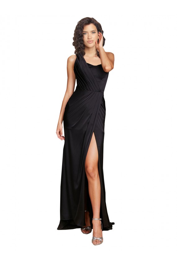 Sleeveless One Shoulder Silk like Satin Black Long Evening Dress / Bridesmaid Dress Bath