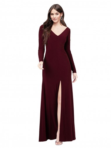 Long Sleeves V-Neck Spandex Burgundy Gold Long Prom Dress / Bridesmaid Dress Bath