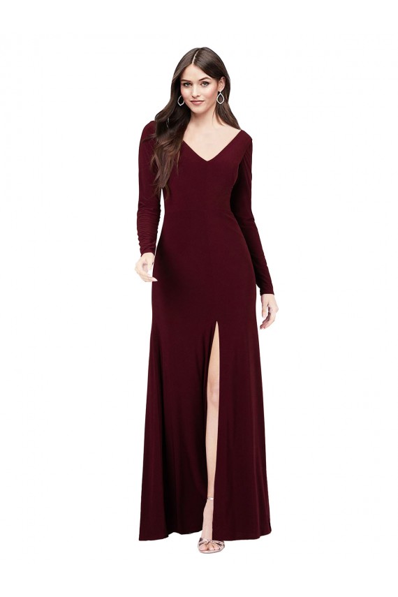 Long Sleeves V-Neck Spandex Burgundy Gold Long Prom Dress / Bridesmaid Dress Bath